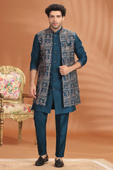 Prussian Blue Silk Embroidered Indo Western Jacket Set